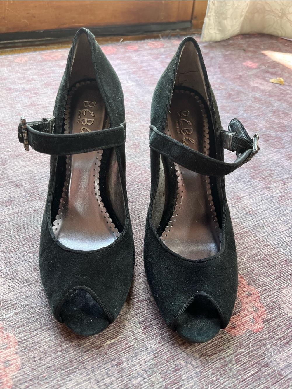 BCBG Black Peep Toe Heels with Strap and Fancy Buckle